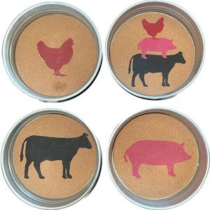 Farm Fresh collection: Mason jar coasters rooster/cow/pig silhouette on cork-New